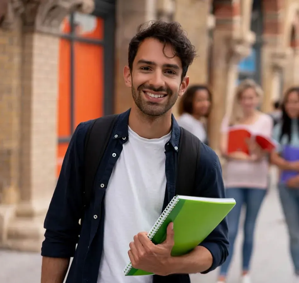 Student with notebook standing on the sidewalk, smiling at the camera